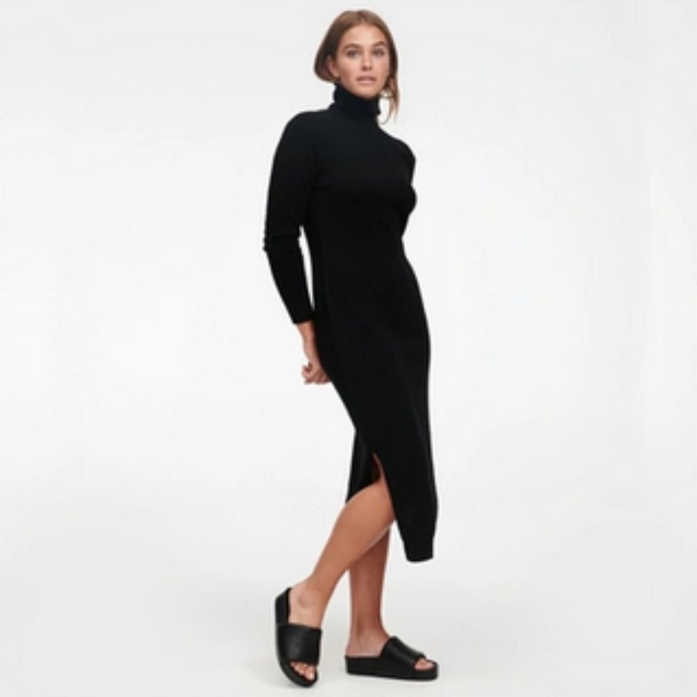 Naadam Black Cashmere Turtleneck Dress with Slits